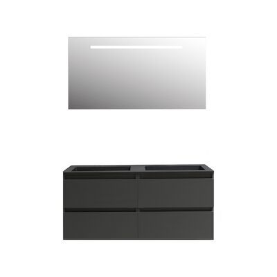 Badkamermeubel BWS Pepper Acryl Wastafel Mat Zwart Incl Spiegel Met LED Verlichting Met 2 Kraangaten 120x55x46 cm Antraciet
