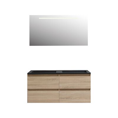 Badkamermeubel BWS Pepper Acryl Wastafel Mat Zwart Incl Spiegel Met LED Verlichting Met 2 Kraangaten 120x55x46 cm Eiken