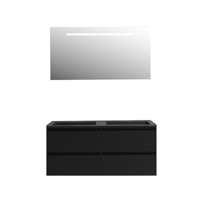 Badkamermeubel BWS Pepper Acryl Wastafel Mat Zwart Incl Spiegel Met LED Verlichting Met 2 Kraangaten 120x55x46 cm Mat Zwart
