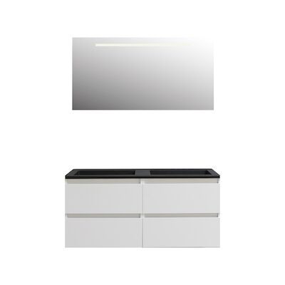 Badkamermeubel BWS Pepper Acryl Wastafel Mat Zwart Incl Spiegel Met LED Verlichting Met 2 Kraangaten 120x55x46 cm Wit