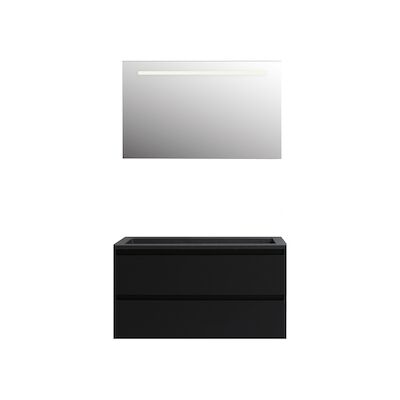 Badkamermeubel BWS Pepper Acryl Wastafel Mat Zwart Incl Spiegel Met LED Verlichting Met Kraangat 100x55x46 cm Mat Zwart