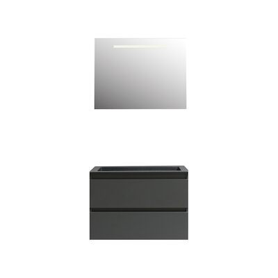 Badkamermeubel BWS Pepper Acryl Wastafel Mat Zwart Incl Spiegel Met LED Verlichting Met Kraangat 80x55x46 cm Antraciet