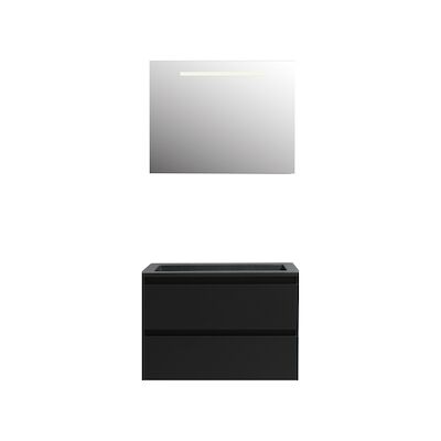 Badkamermeubel BWS Pepper Acryl Wastafel Mat Zwart Incl Spiegel Met LED Verlichting Met Kraangat 80x55x46 cm Mat Zwart