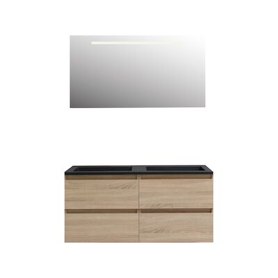 Badkamermeubel BWS Pepper Acryl Wastafel Mat Zwart Incl Spiegel Met LED Verlichting Zonder Kraangat 120x55x46 cm Eiken