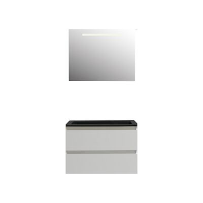 Badkamermeubel BWS Pepper Acryl Wastafel Mat Zwart Incl Spiegel Met LED Verlichting Zonder Kraangat 80x55x46 cm Wit