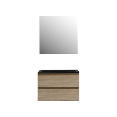 Badkamermeubel BWS Pepper Acryl Wastafel Mat Zwart Incl Spiegel Zonder Kraangat 80x55x46 cm Eiken