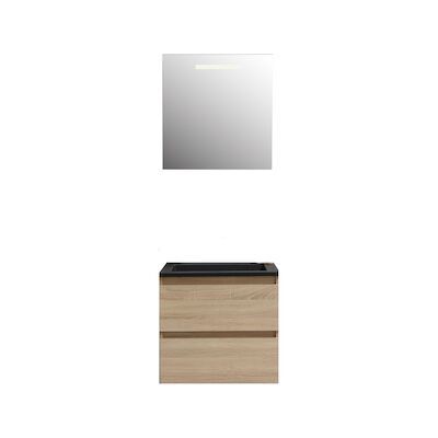 Badkamermeubel BWS Pepper Acryl Wastafel Mat Zwart Met Kraangat Inclusief Spiegel Met LED Verlichting 60x55x46 cm Eiken