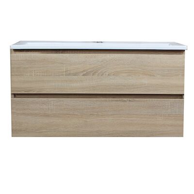 Badkamermeubel BWS Pepper Acryl Wastafel Met Kraangat Inclusief Spiegel 100x55x46 cm Eiken