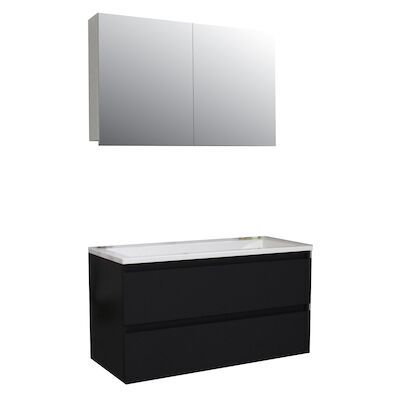 Badkamermeubel BWS Pepper Wastafel Acryl Incl Spiegelkast 2 Deurs Met 2 Krgtn 100x55x46 cm Mat Zwart