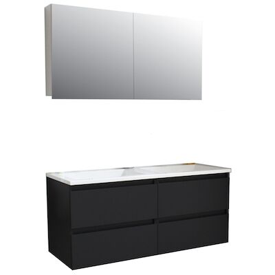 Badkamermeubel BWS Pepper Wastafel Acryl Incl Spiegelkast 2 Deurs Met 2 Krgtn 120x55x46 cm Mat Zwart