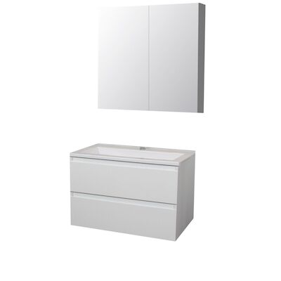 Badkamermeubel BWS Pepper Wastafel Acryl Incl Spiegelkast 2 Deurs Met Kraangat 80x55x46 cm Wit