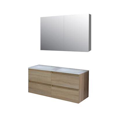 Badkamermeubel BWS Pepper Wastafel Acryl Incl Spiegelkast 2 Deurs Zonder Krg 120x55x46 cm Eiken