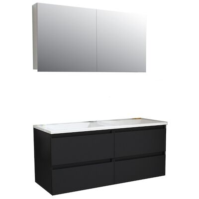 Badkamermeubel BWS Pepper Wastafel Acryl Incl Spiegelkast 2 Deurs Zonder Krg 120x55x46 cm Mat Zwart
