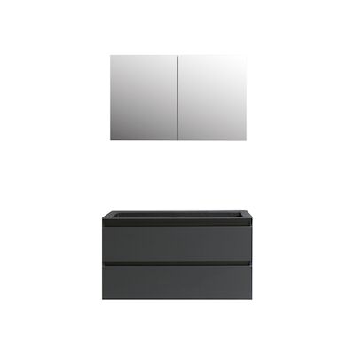 Badkamermeubel BWS Pepper Wastafel Acryl Mat Zwart Incl Spiegelkast 2 Deurs Met 2 Kraangaten 100x55x46 cm Antraciet
