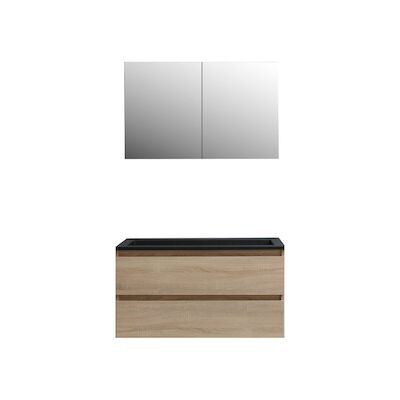 Badkamermeubel BWS Pepper Wastafel Acryl Mat Zwart Incl Spiegelkast 2 Deurs Met 2 Kraangaten 100x55x46 cm Eiken