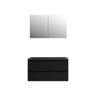 Badkamermeubel BWS Pepper Wastafel Acryl Mat Zwart Incl Spiegelkast 2 Deurs Met 2 Kraangaten 100x55x46 cm Mat Zwart