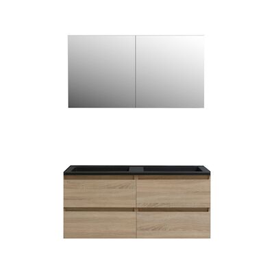 Badkamermeubel BWS Pepper Wastafel Acryl Mat Zwart Incl Spiegelkast 2 Deurs Met 2 Krgtn 120x55x46 cm Eiken