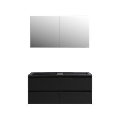 Badkamermeubel BWS Pepper Wastafel Acryl Mat Zwart Incl Spiegelkast 2 Deurs Met 2 Krgtn 120x55x46 cm Mat Zwart