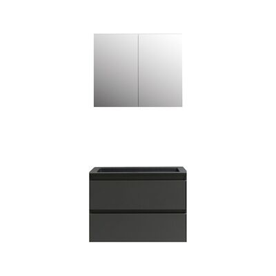 Badkamermeubel BWS Pepper Wastafel Acryl Mat Zwart Incl Spiegelkast 2 Deurs Met Kraangat 80x55x46 cm Antraciet