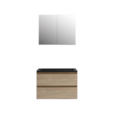 Badkamermeubel BWS Pepper Wastafel Acryl Mat Zwart Incl Spiegelkast 2 Deurs Met Kraangat 80x55x46 cm Eiken