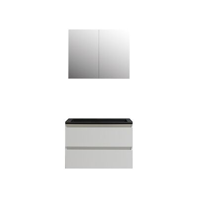 Badkamermeubel BWS Pepper Wastafel Acryl Mat Zwart Incl Spiegelkast 2 Deurs Zonder Kraangat 80x55x46 cm Wit