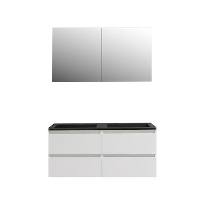 Badkamermeubel BWS Pepper Wastafel Acryl Mat Zwart Incl Spiegelkast 2 Deurs Zonder Krg 120x55x46 cm Wit