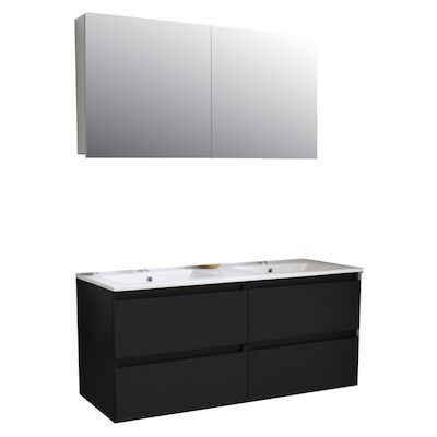 Badkamermeubel BWS Pepper Wastafel Porselein 2 Kraangaten Spiegelkast 120x55x46 cm Mat Zwart
