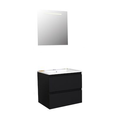 Badkamermeubel BWS Pepper Wastafel Porselein Incl Spiegel Met LED Verlichting En Kraangat 60x55x46 cm Mat Zwart