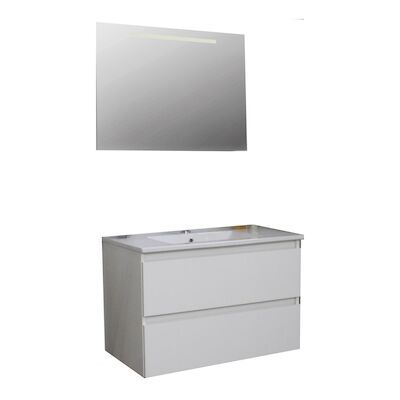 Badkamermeubel BWS Pepper Wastafel Porselein Incl Spiegel Met LED Verlichting En Kraangat 80x55x46 cm Wit