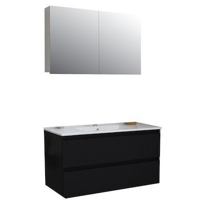 Badkamermeubel BWS Pepper Wastafel Porselein Incl Spiegelkast 2 Deurs Met 1 Krg 100x55x46 cm Mat Zwart