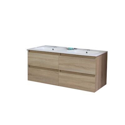 Badkamermeubel BWS Pepper Wastafel Porselein Twee Kraangaten 120x55x46 cm Eiken