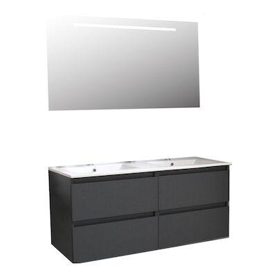 Badkamermeubel BWS Pepper Wastafel Porselein Twee Kraangaten Incl Spiegel Met LED Verlichting 120x55x46 cm Antraciet