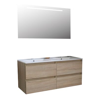 Badkamermeubel BWS Pepper Wastafel Porselein Twee Kraangaten Incl Spiegel Met LED Verlichting 120x55x46 cm Eiken