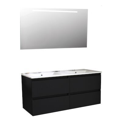 Badkamermeubel BWS Pepper Wastafel Porselein Twee Kraangaten Incl Spiegel Met LED Verlichting 120x55x46 cm Mat Zwart