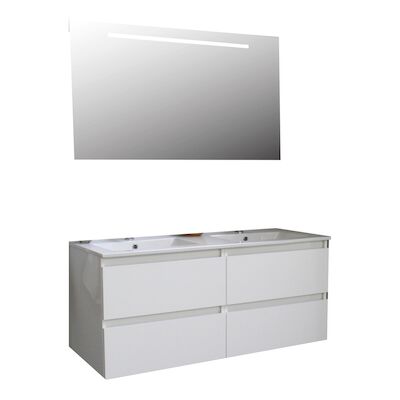 Badkamermeubel BWS Pepper Wastafel Porselein Twee Kraangaten Incl Spiegel Met LED Verlichting 120x55x46 cm Wit
