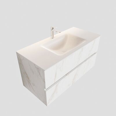 Badkamermeubel BWS Valencia Carrara Mat 100 cm Solid Surface Wastafel (1 kraangat, 2 lades)