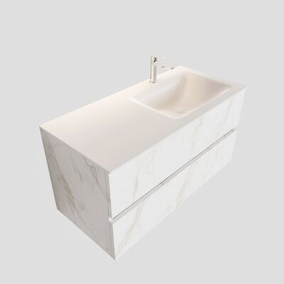 Badkamermeubel BWS Valencia Carrara Mat 100 cm Solid Surface Wastafel Rechts (1 kraangat, 2 lades)