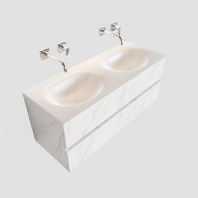 Badkamermeubel BWS Valencia Carrara Mat 120 cm Solid Surface Wastafel Dubbel (0 kraangaten, 4 lades)