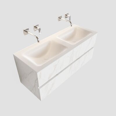 Badkamermeubel BWS Valencia Carrara Mat 120 cm Solid Surface Wastafel Rechthoekige Wasbak Dubbel (0 kraangaten, 4 lades)