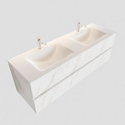 Badkamermeubel BWS Valencia Carrara Mat 150 cm Solid Surface Wastafel Dubbel (2 kraangaten, 2 lades)
