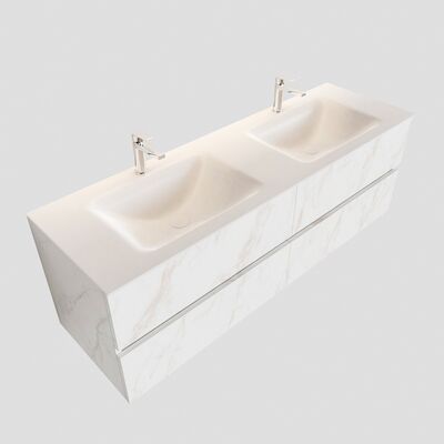 Badkamermeubel BWS Valencia Carrara Mat 200 cm Solid Surface Wastafel Rechthoekige Wasbak Dubbel (2 kraangaten, 4 lades)