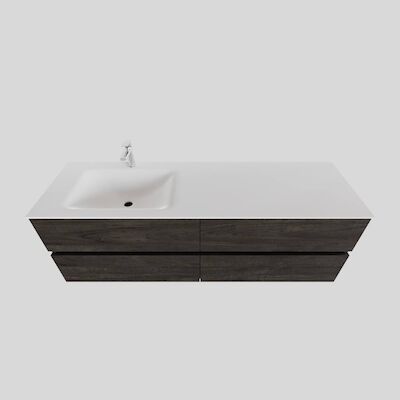 Badkamermeubel Solid Surface BWS Oslo 150×46 cm Links Wood Dark Brown 4 Laden (met 1 kraangat)