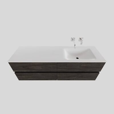 Badkamermeubel Solid Surface BWS Oslo 150×46 cm Rechts Wood Dark Brown 4 Laden (0 kraangaten)