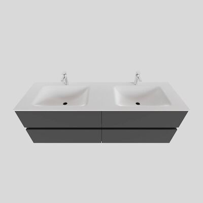 Badkamermeubel Solid Surface BWS Oslo 200×46 cm Mat Antraciet Wasbak Dubbel (2 kraangaten, 4 lades)