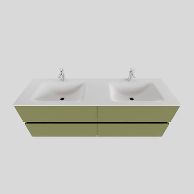 Badkamermeubel Solid Surface BWS Oslo 200×46 cm Mat Groen Wasbak Dubbel (2 kraangaten, 4 lades)