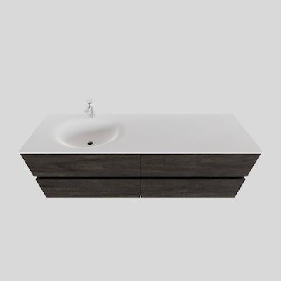 Badkamermeubel Solid Surface BWS Oslo 200×46 cm Wood Dark Brown Wasbak Links (1 kraangat, 4 lades)