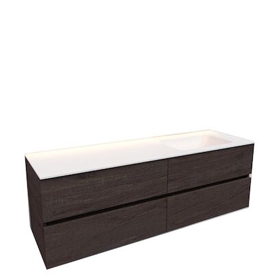 Badkamermeubel Solid Surface BWS Oslo 200×46 cm Wood Dark Brown Wasbak Rechts (0 kraangaten, 4 lades)