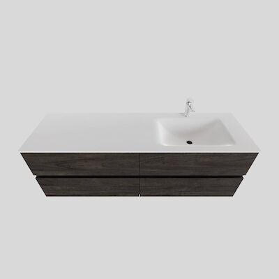 Badkamermeubel Solid Surface BWS Oslo 200×46 cm Wood Dark Brown Wasbak Rechts (1 kraangat, 4 lades)
