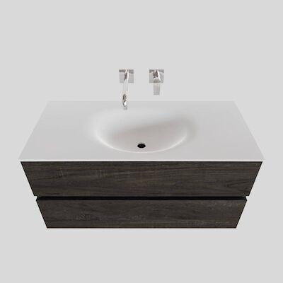 Badkamermeubel Solid Surface BWS Stockholm 100×46 cm Midden Wood Dark Brown (0 kraangaten)