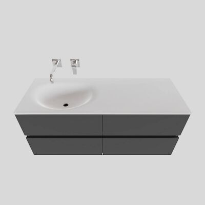 Badkamermeubel Solid Surface BWS Stockholm 120×46 cm Links Mat Antraciet 4 Laden (zonder kraangaten)